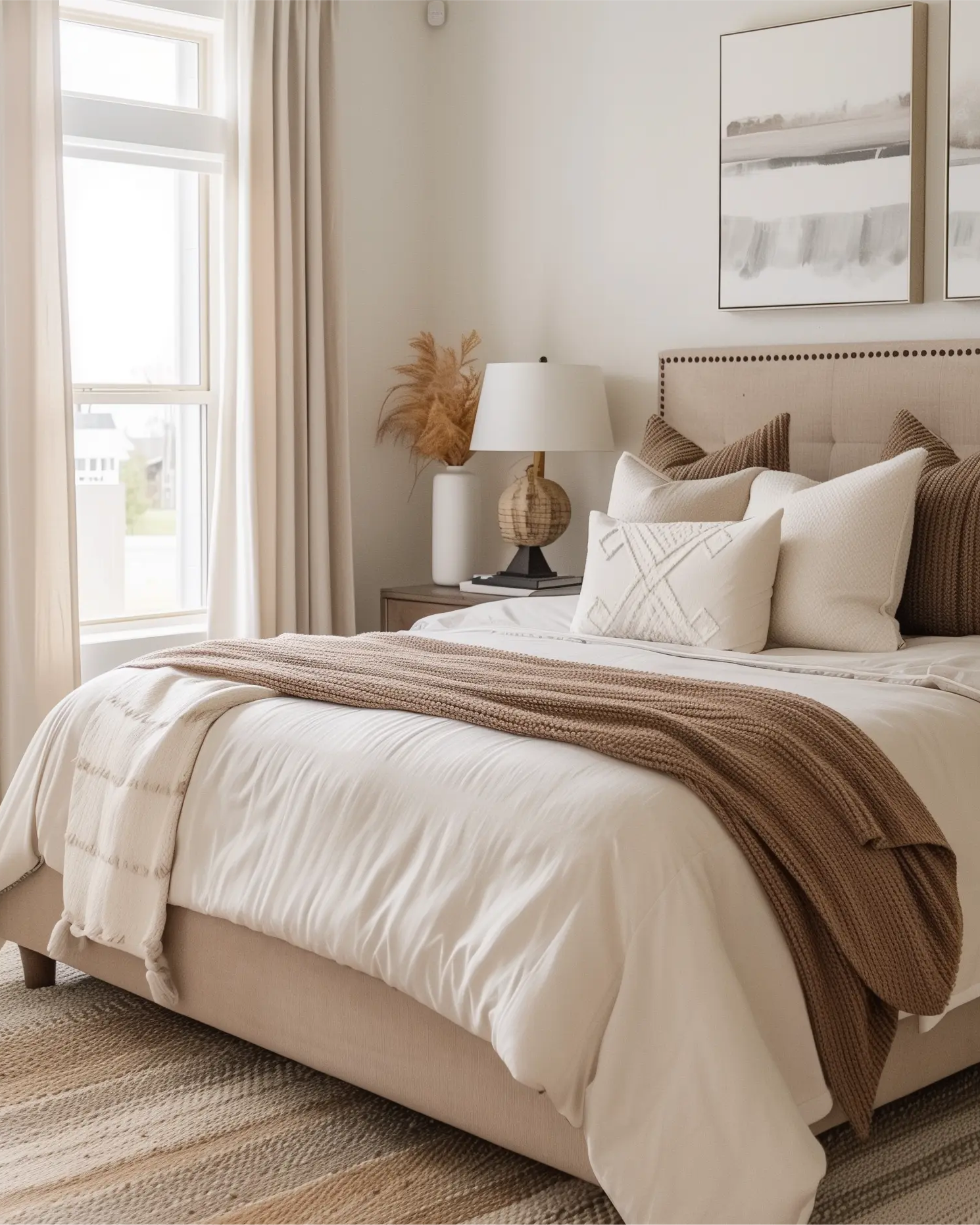 White cotton curtains with a soft top, perfect for adding a touch of elegance to the bedroom.