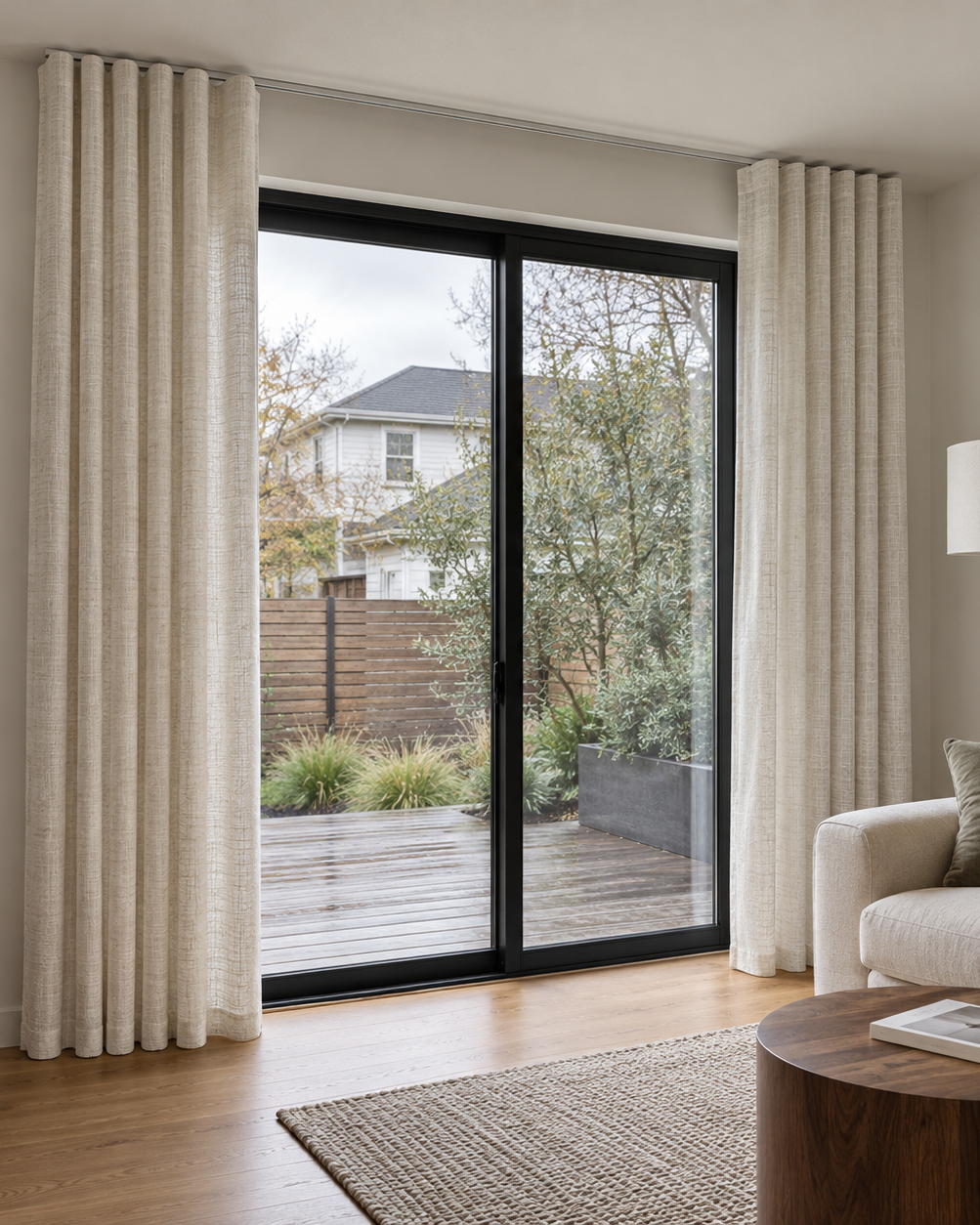 Opaque linen-look Ripple Fold curtains framing a black patio door in a modern living room