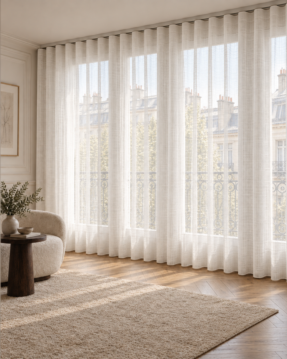 Paris apartment doorway view with ivory ripple fold sheer curtains
