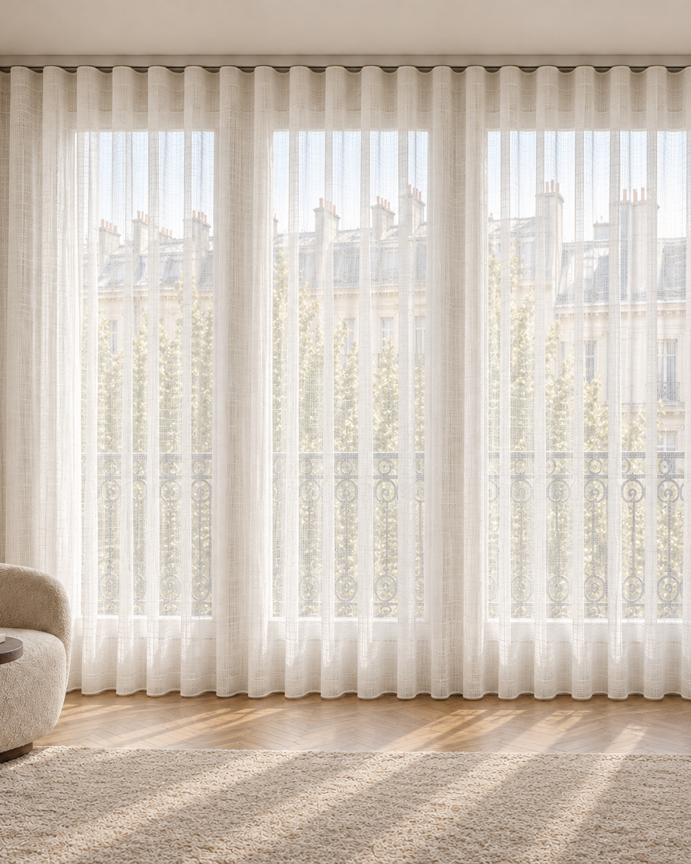 Front view of dense ivory ripple fold sheer curtains