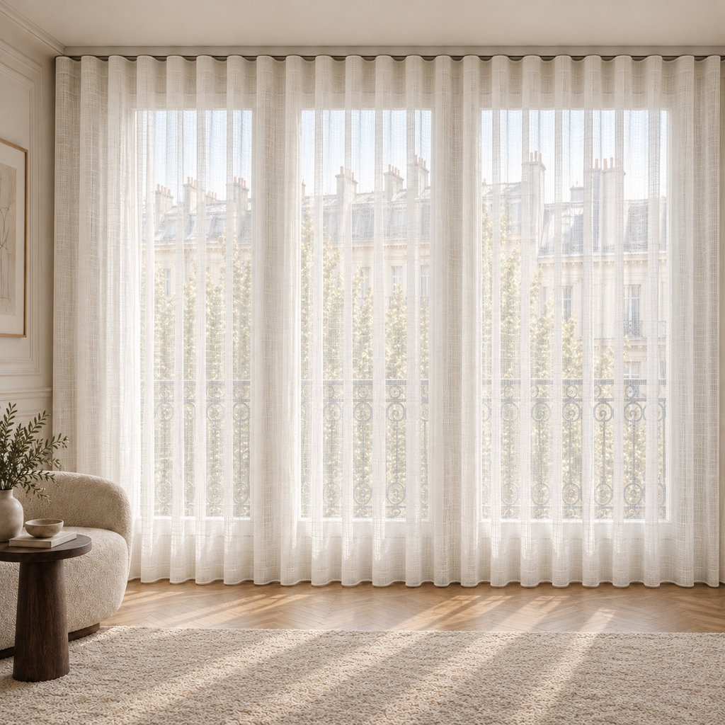 Front view of dense ivory ripple fold sheer curtains