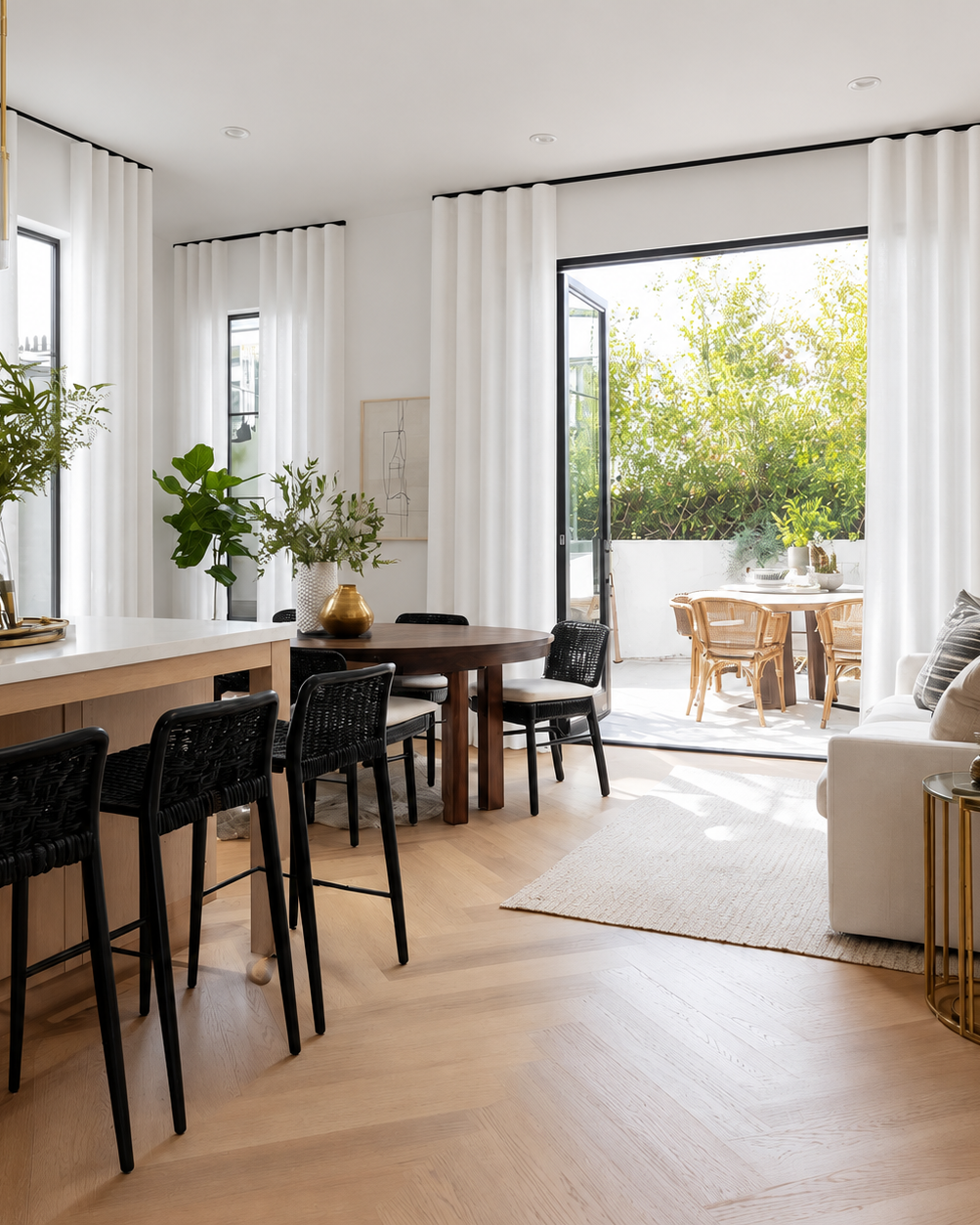 Ripple Fold linen curtains with uniform wave folds across multiple windows