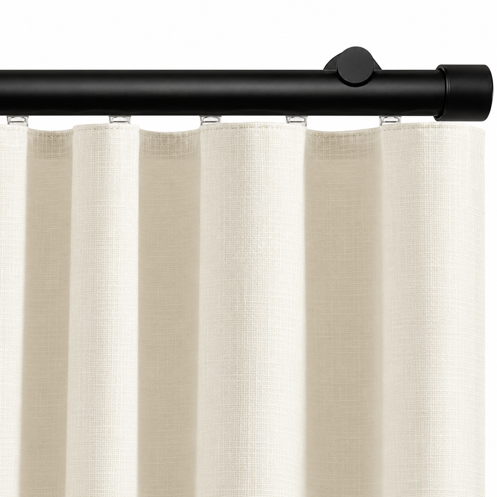 Ronan black traverse curtain rod with ivory ripple fold curtain
