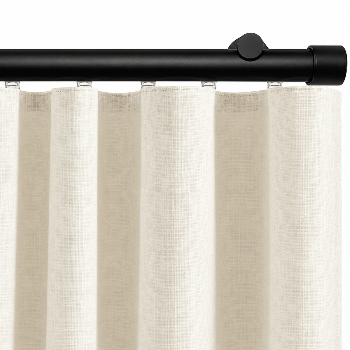 Ronan black traverse curtain rod with ivory ripple fold curtain