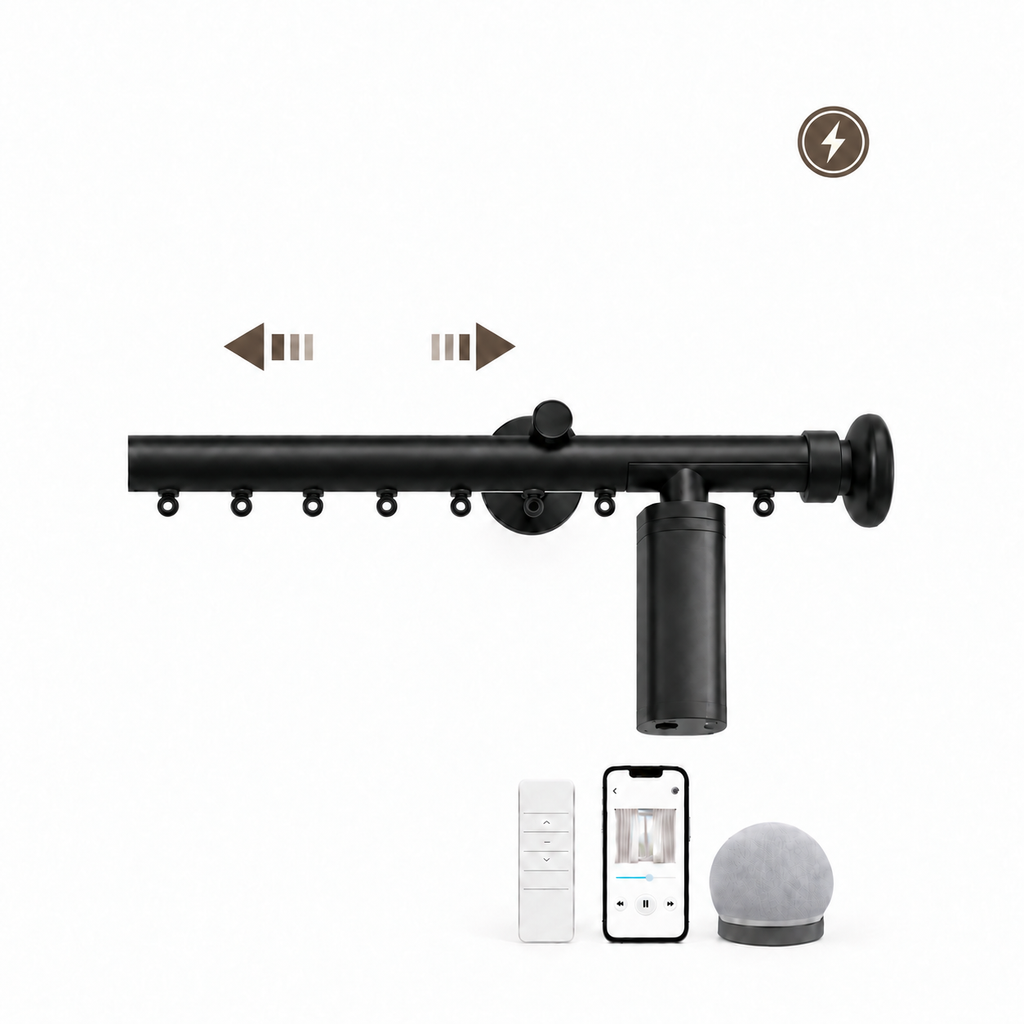 Rylan motorized curtain rod with left-right opening arrows, motorization symbol, remote, app and voice control options