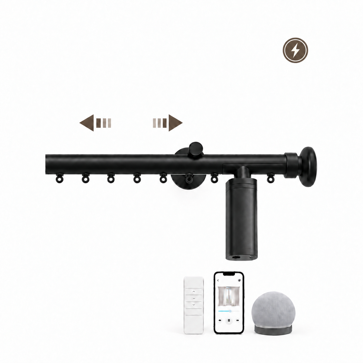 Rylan motorized curtain rod with left-right opening arrows, motorization symbol, remote, app and voice control options