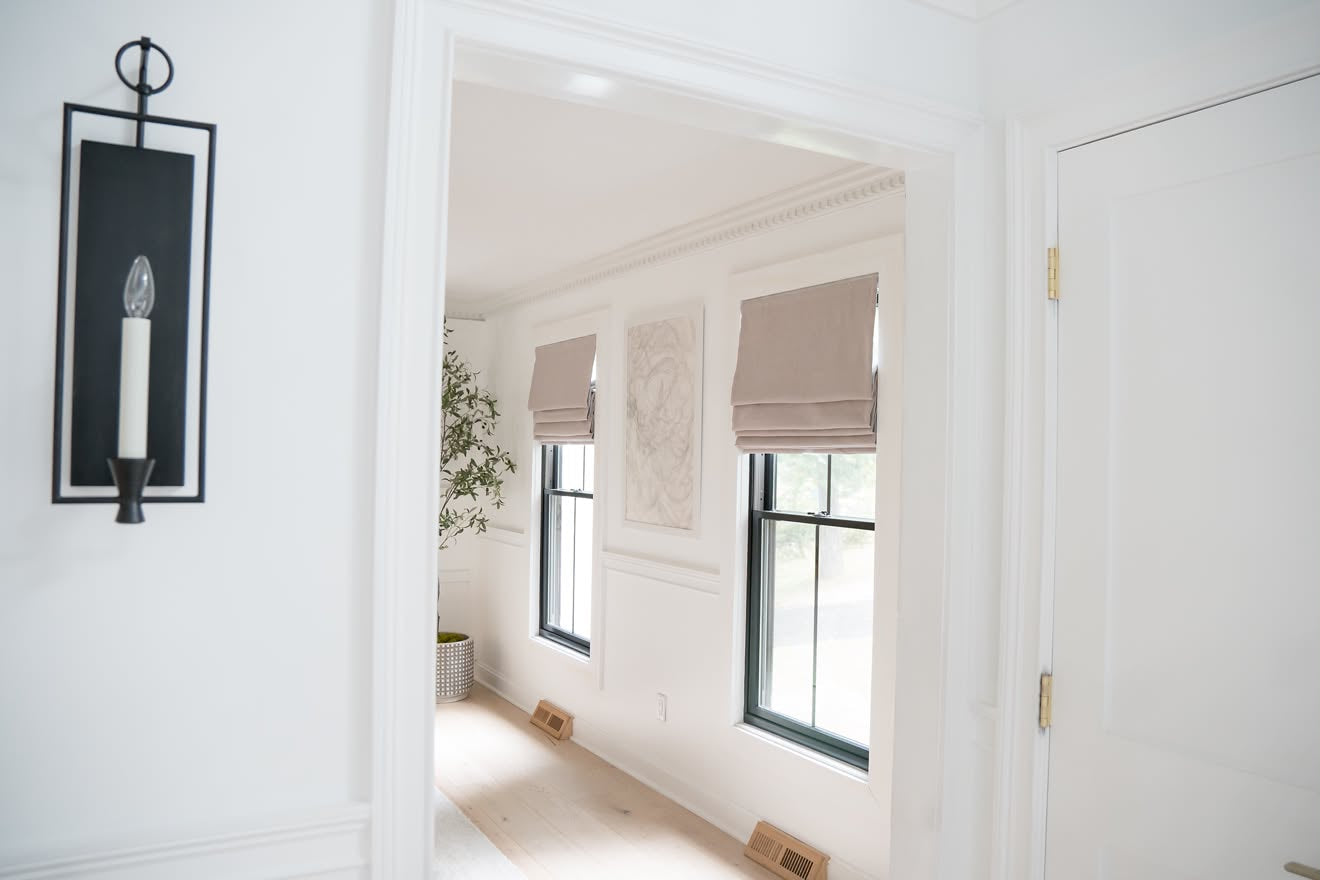 Cassandra Linen Cotton Roman Shades in Stone Beige-C5302 viewed from the doorway