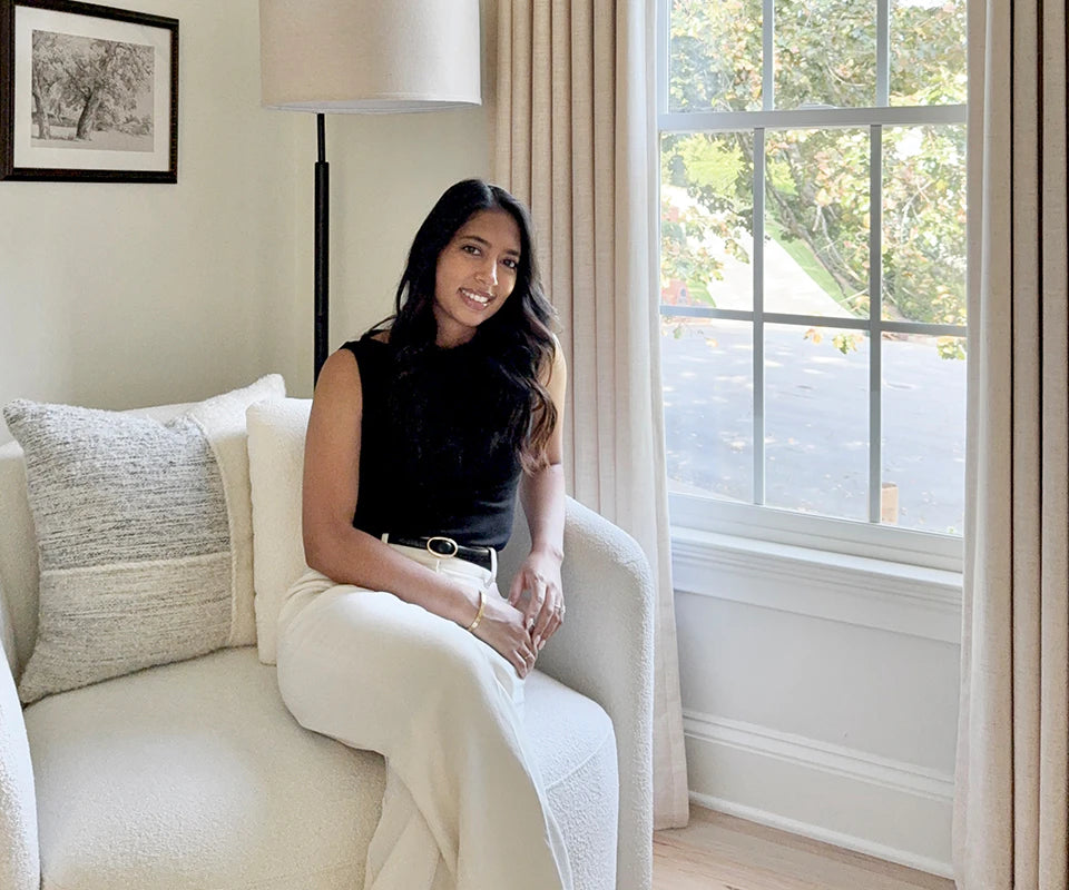 Shay Miron in her Atlanta home with custom Cozyology drapery