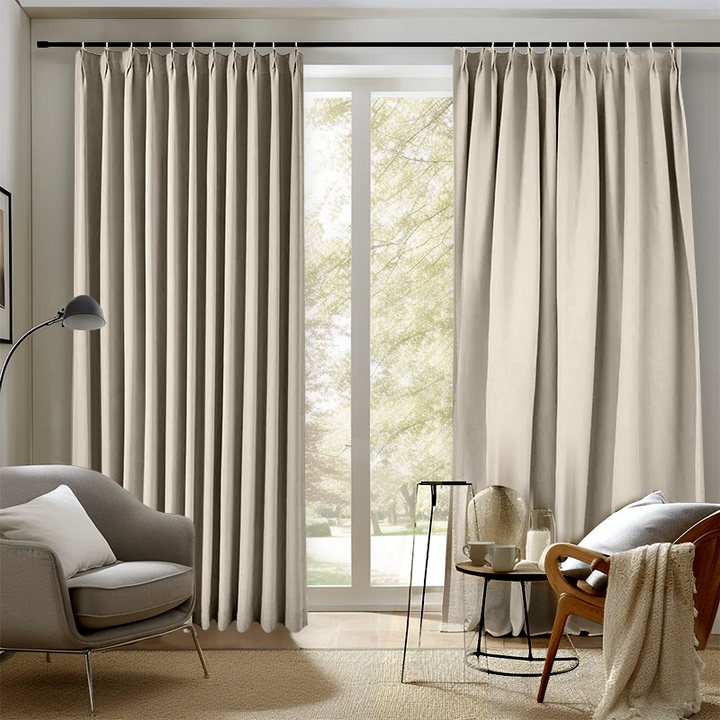 Curtain pleats compared: defined vertical folds on the left and looser folds on the right