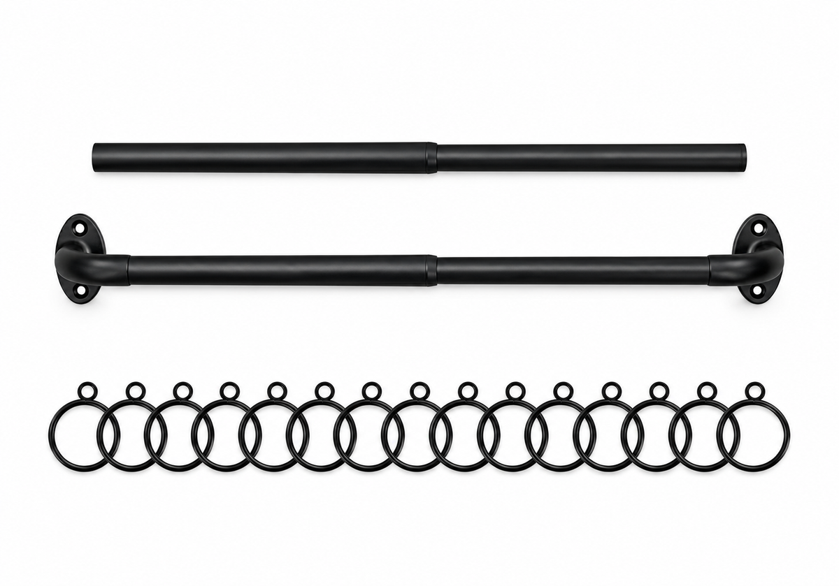 Ravon black French return curtain rod with Eden curtain rings
