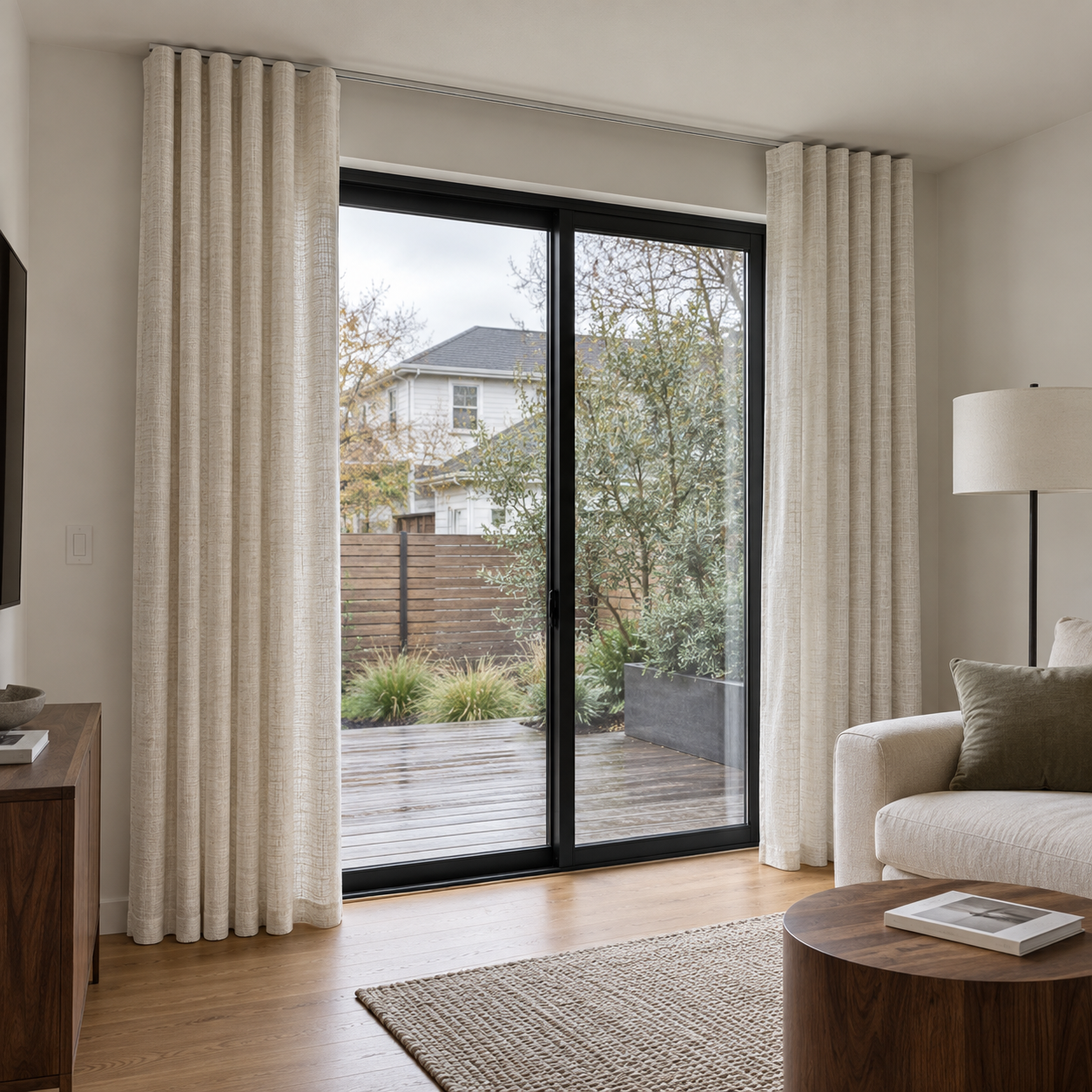 Opaque linen-look Ripple Fold curtains framing a black patio door in a modern living room