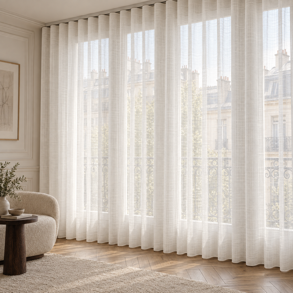 Ivory ripple fold sheer curtains in a Paris apartment