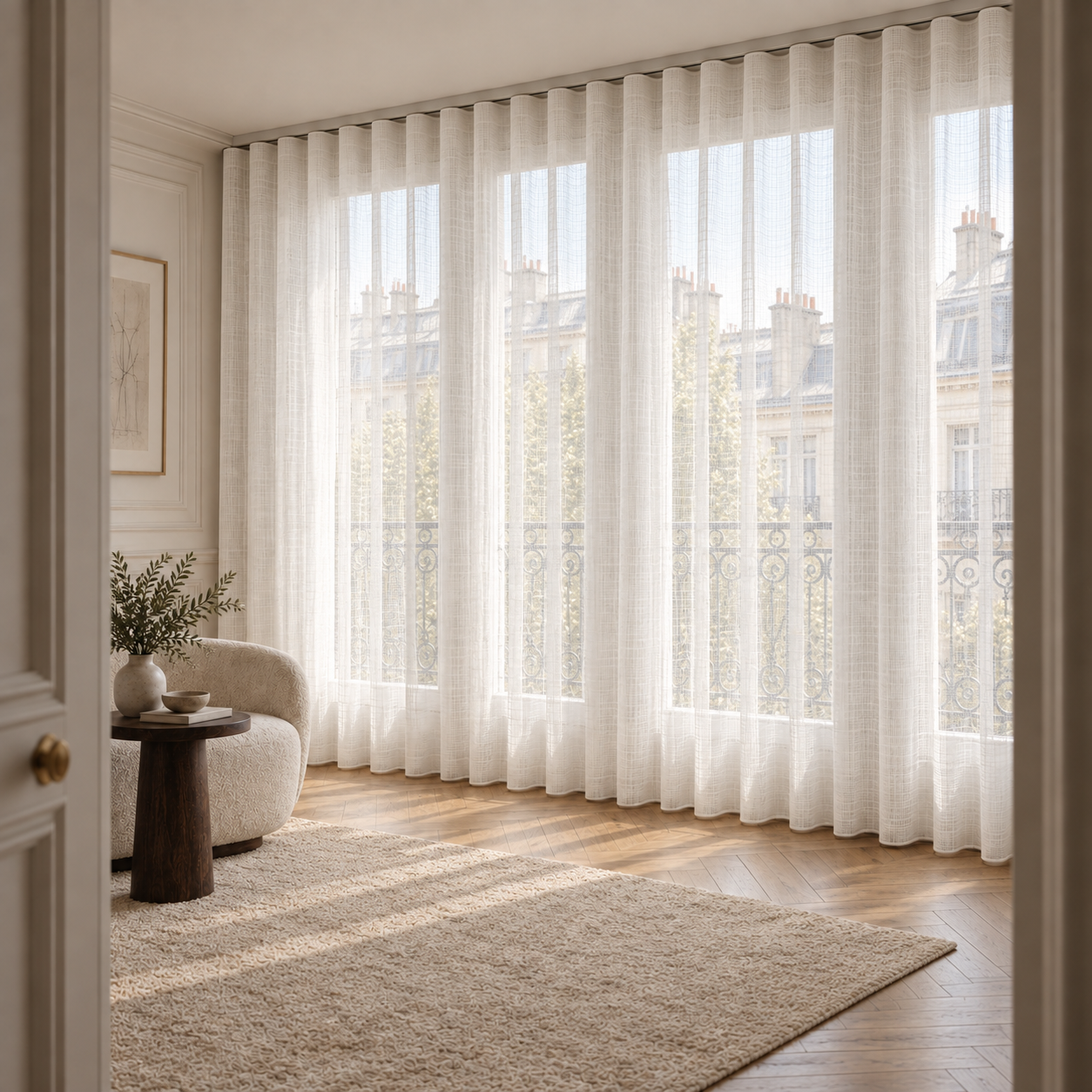 Paris apartment doorway view with ivory ripple fold sheer curtains