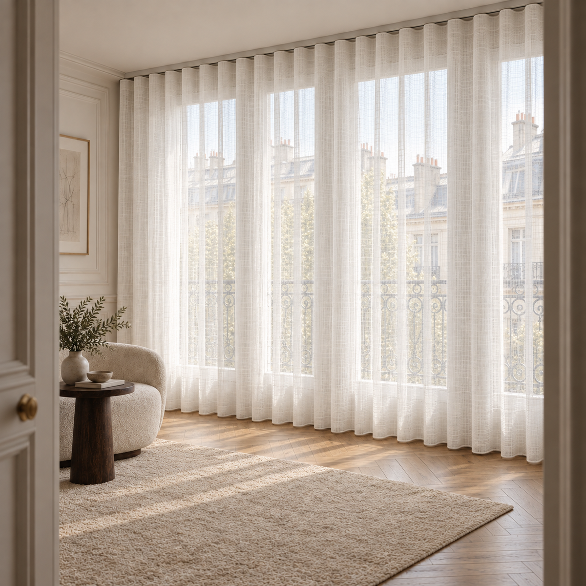 Paris apartment doorway view with ivory ripple fold sheer curtains