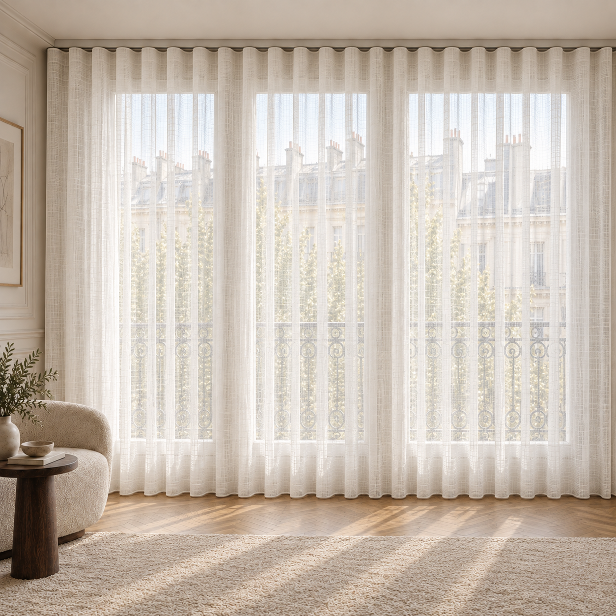 Front view of dense ivory ripple fold sheer curtains