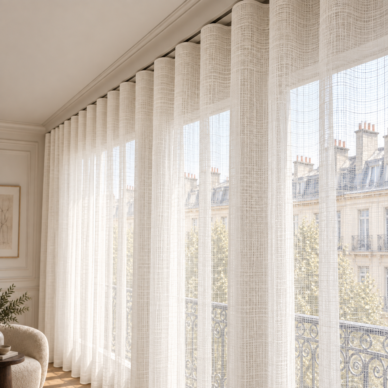 Dense ripple fold sheer curtain and ceiling track detail