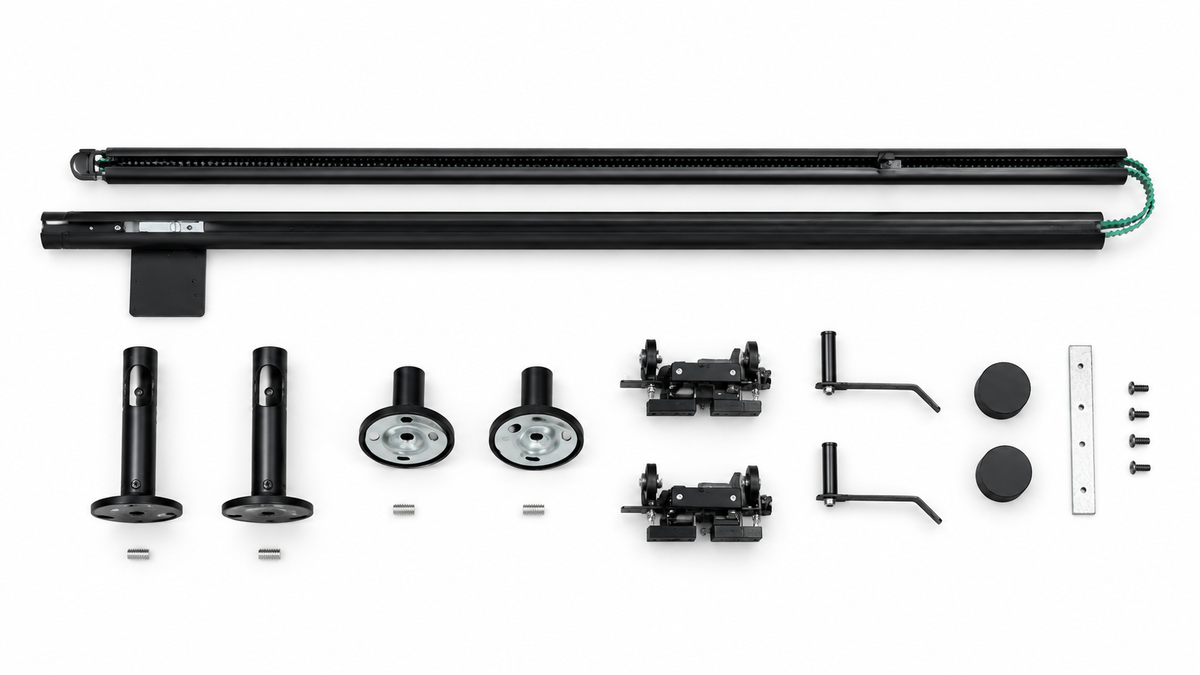 Rylan rod sections, mounting brackets, carriers, end caps, connector and screws — components vary by configuration