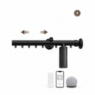 Rylan motorized curtain rod with left-right opening arrows, motorization symbol, remote, app and voice control options