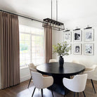 Lena Linen Soft Pebble-L2311 pleated drapery in a bright living and dining room
