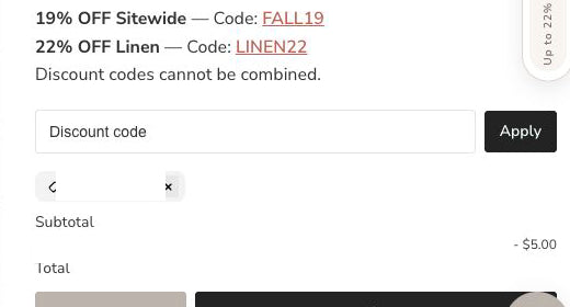 Cart discount code field and Apply button with a $5 discount shown below; the actual reward code is hidden