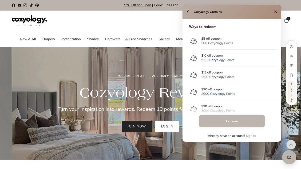 Smile Ways to redeem panel showing $5, $10, $15, $20, and $30 off coupons for 500, 1,000, 1,500, 2,000, and 3,000 Cozyology Points